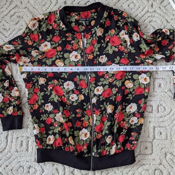 Como BLACK bright floral roses print zip bomber jacket blouse size S @X - Picture 6 of 8